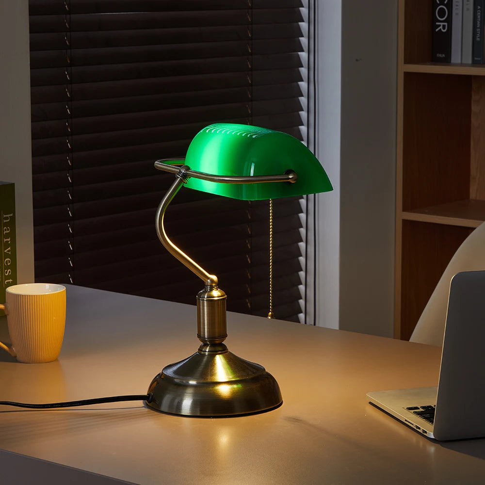 Abajur de Mesa Estilo Banco – Design Clássico Moderno com Cúpula Verde